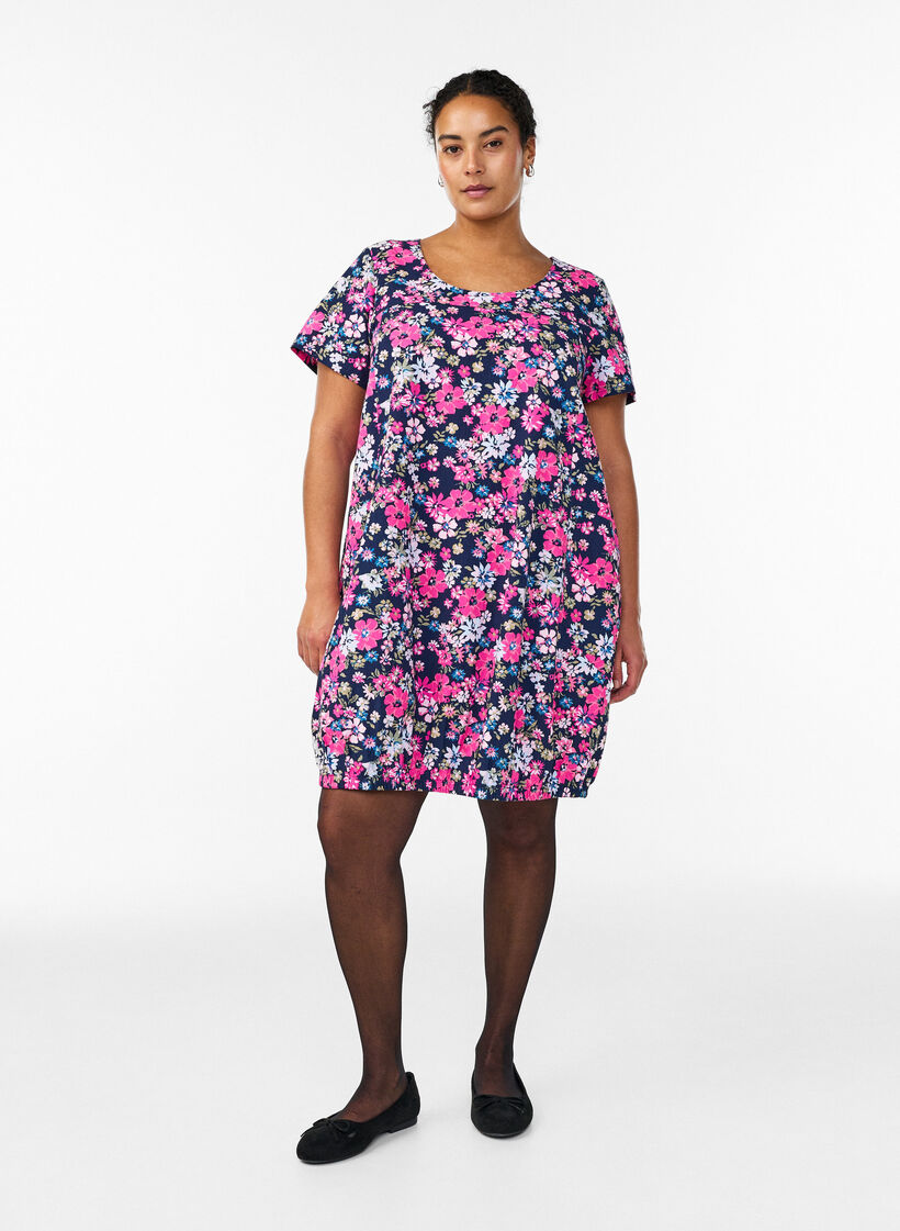 Katoenen jurk met korte mouwen en print, Blauw, Model image number 1