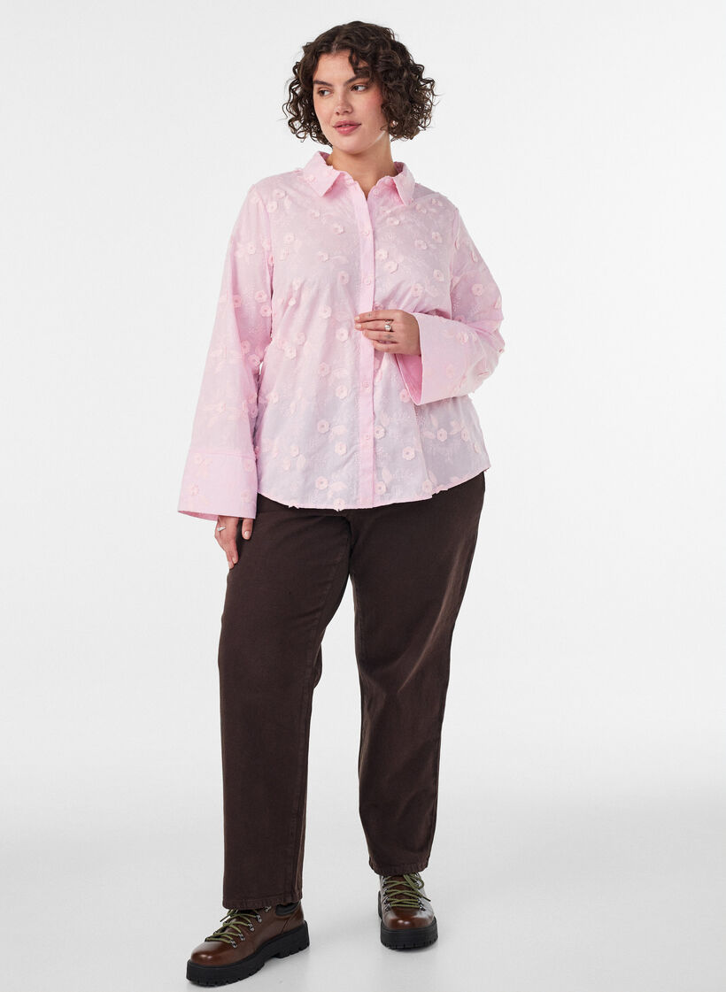 Shirt met bloemenborduursel en wijde mouwen, Roze, Model image number 1