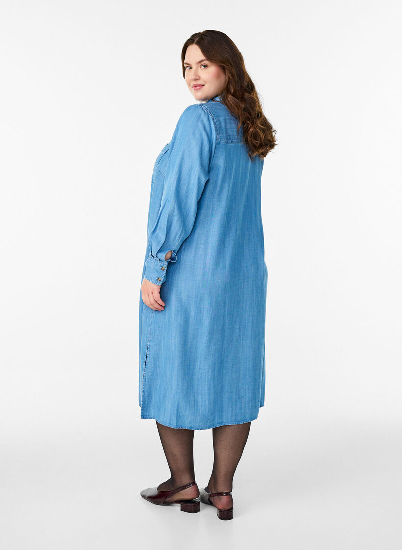 Midi overhemdjurk in zachte lyocell denim., Blauw, Model image number 1
