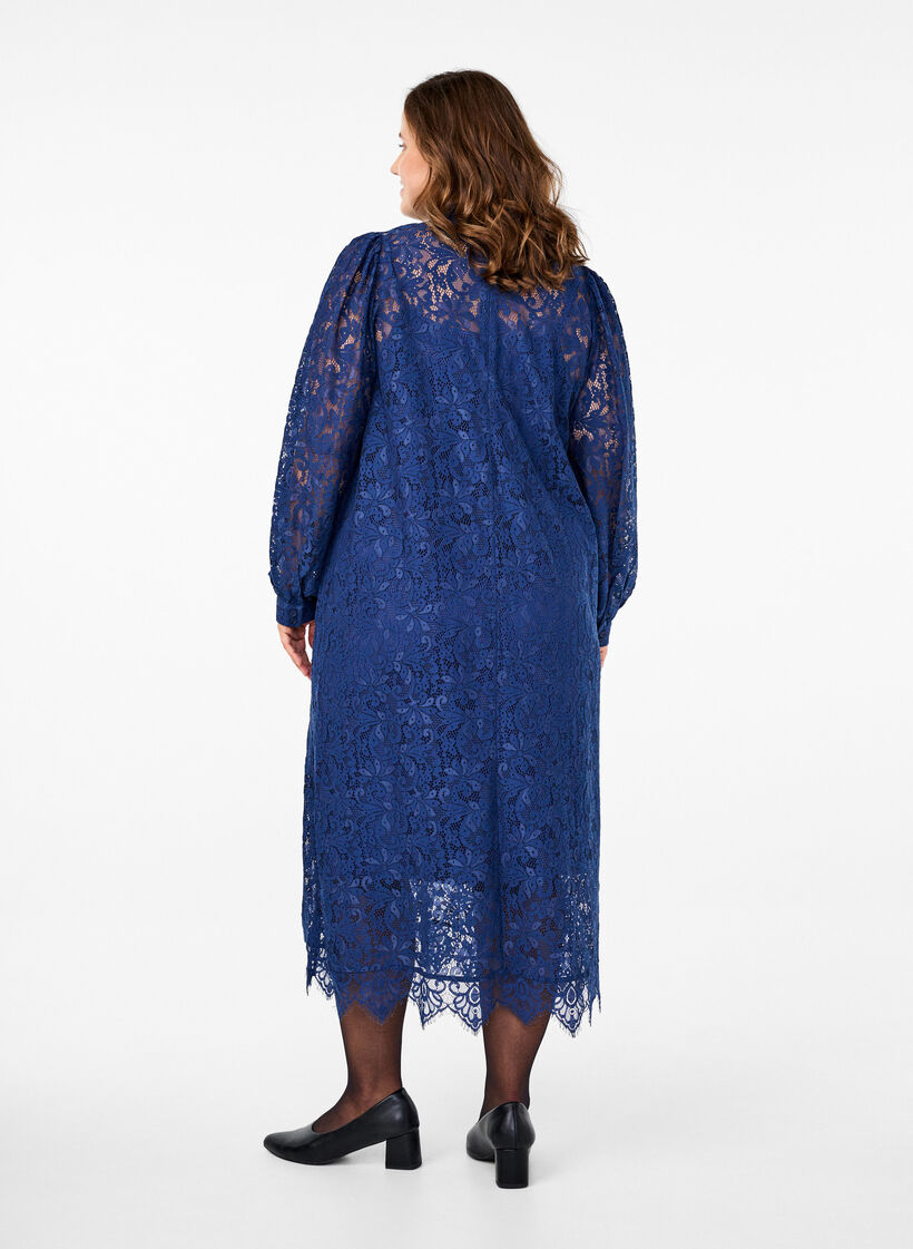 Jurk van kant met lange mouwen en hoge hals, Estate Blue, Model image number 1