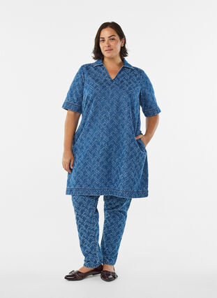 ZizziKorte denimjurk met textuurpatroon, Blue Denim ZigZag, Model image number 2