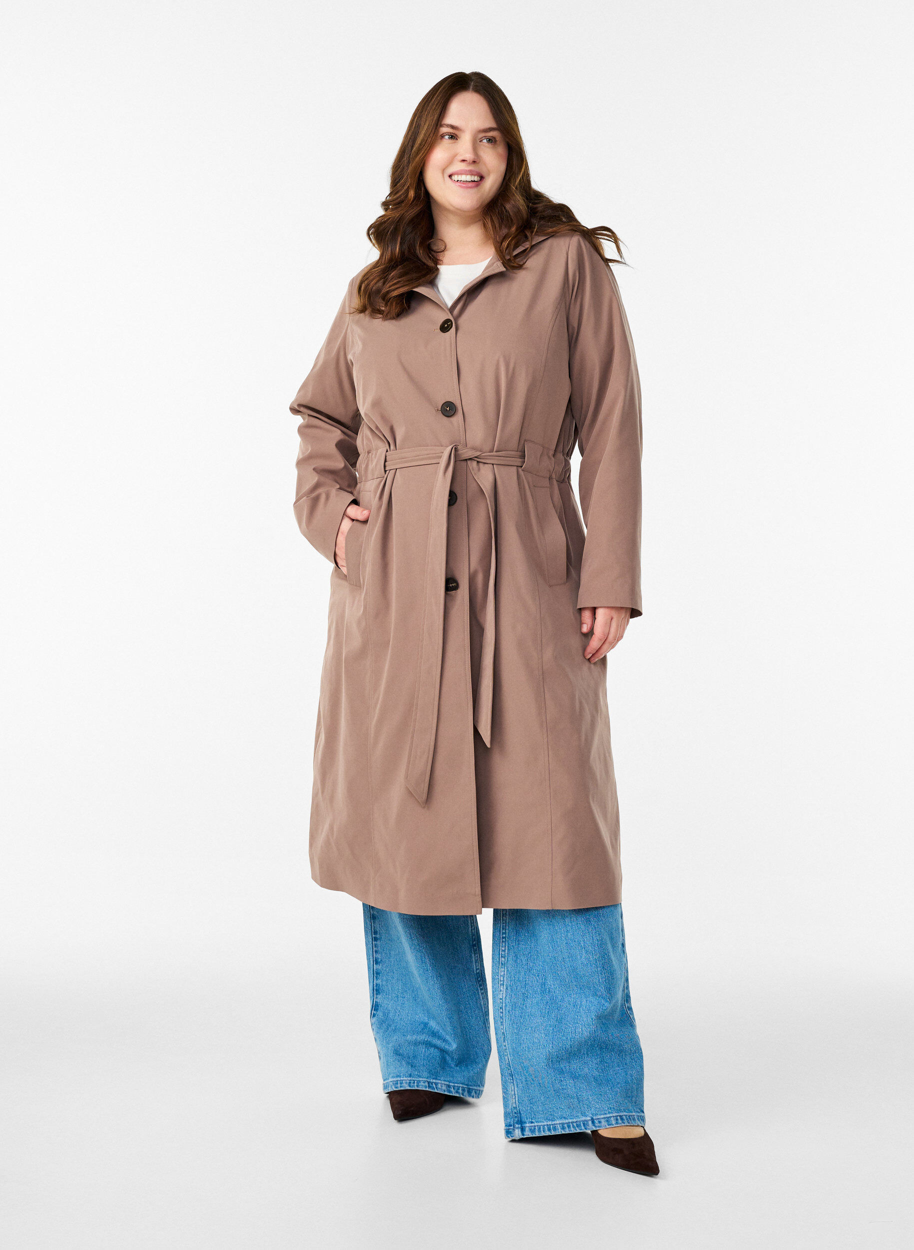 ZizziTrenchcoat met capuchon en strikceintuur, Bruin, Model image number 1