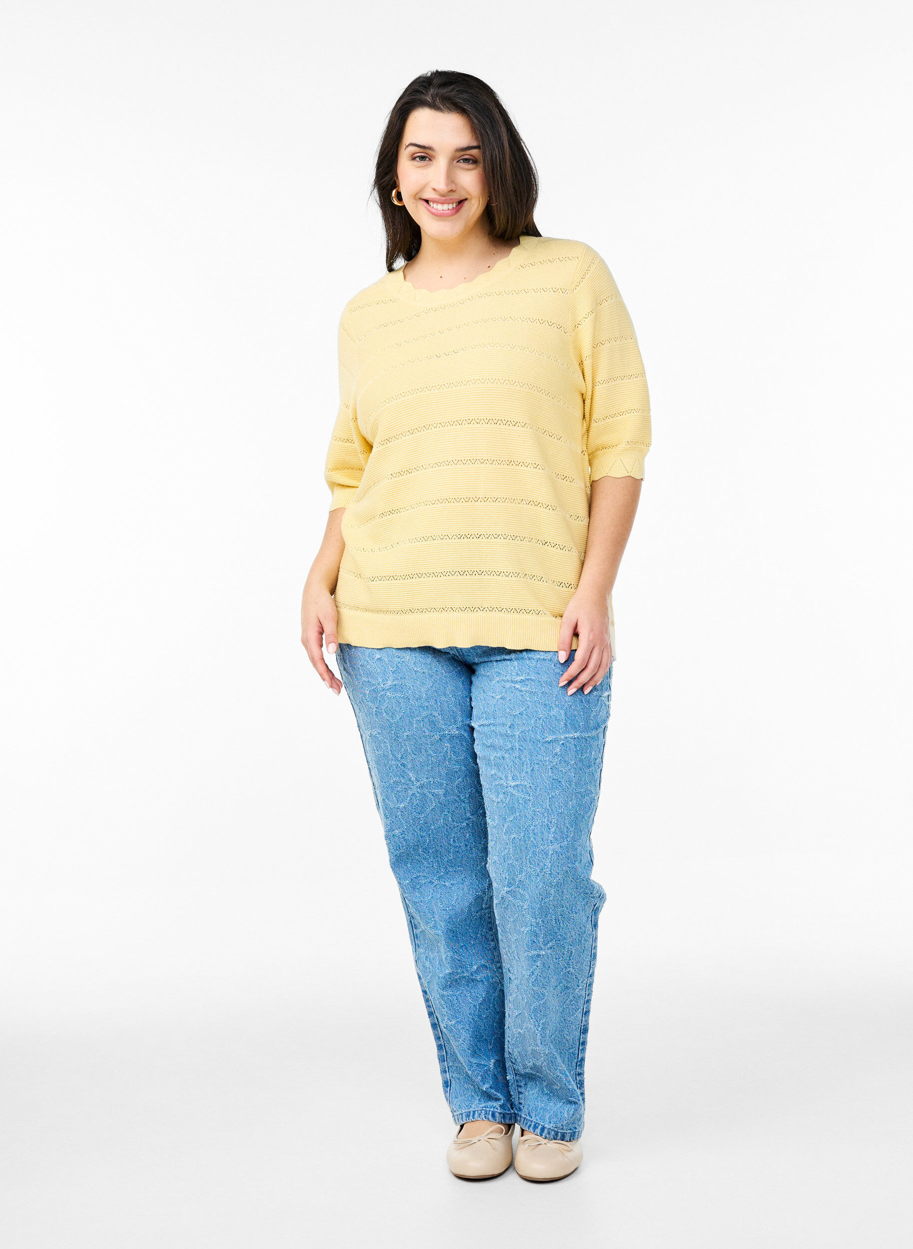 ZizziGebreide blouse met een gestreept opengewerkt patroon en korte mouwen, Geel, Model image number 1