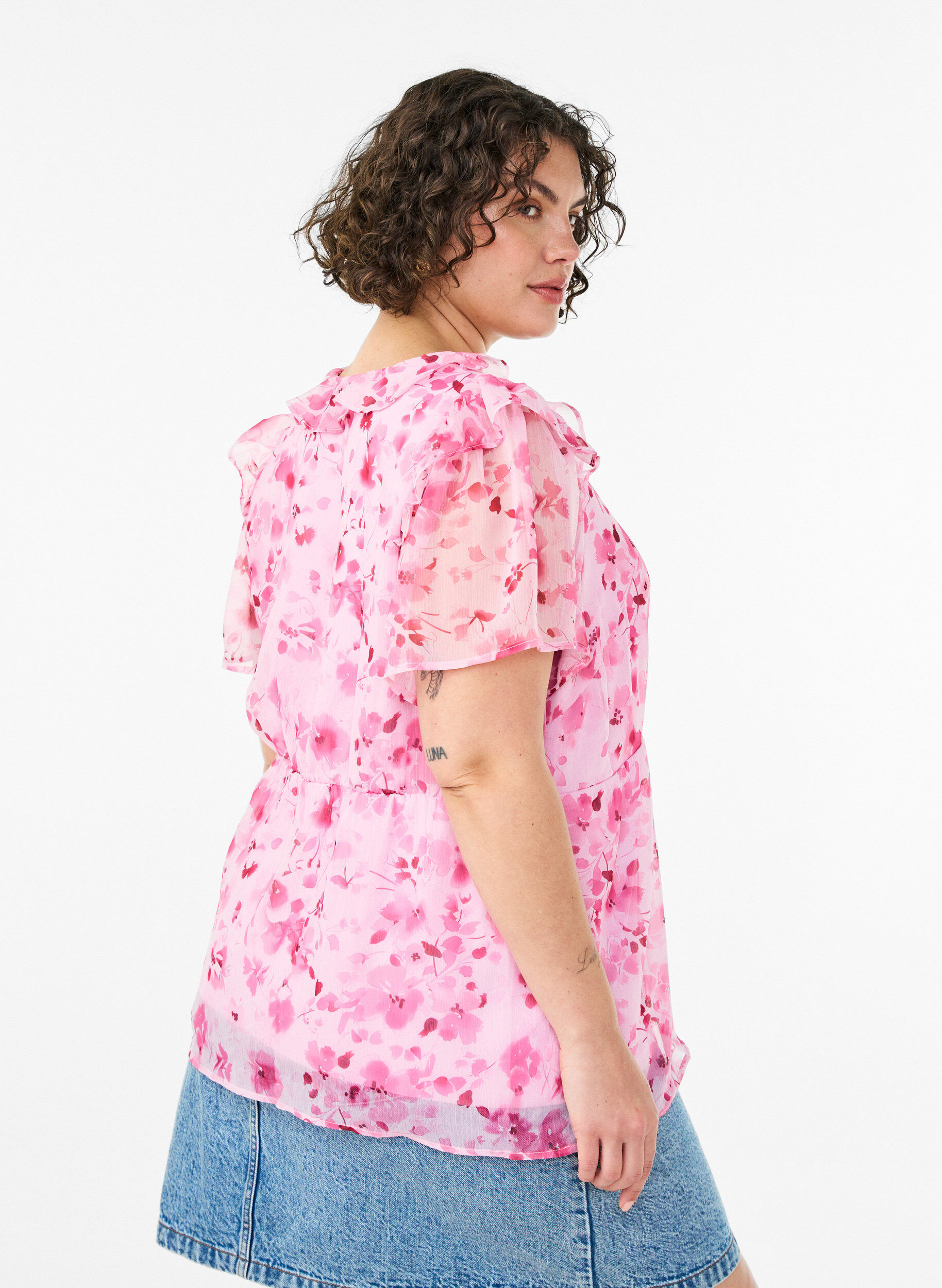ZizziBloemenblouse met rucheskraag en peplum effect, Roze, Model image number 2