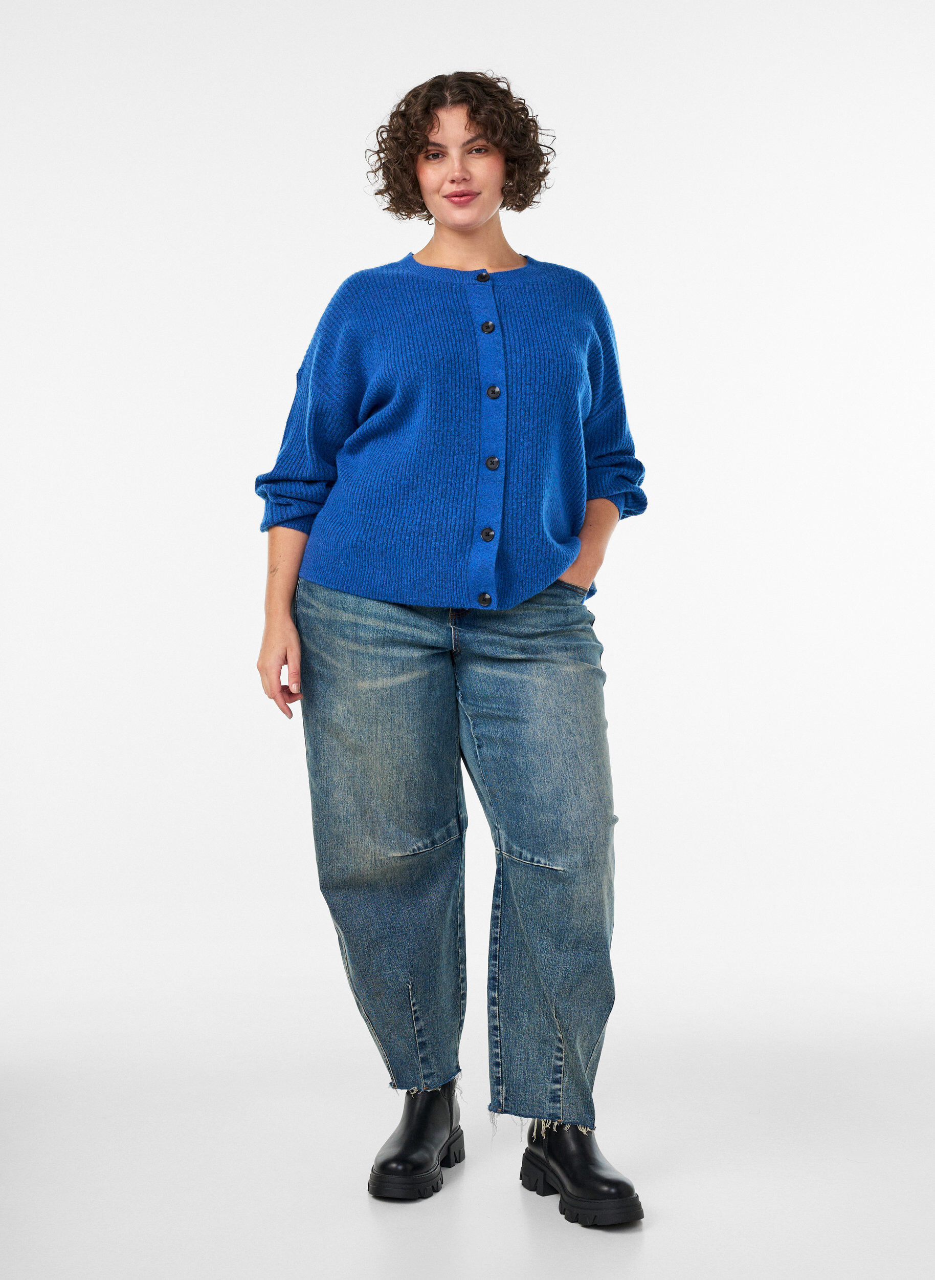 ZizziGeribde cardigan met knopen, Blauw, Model image number 1