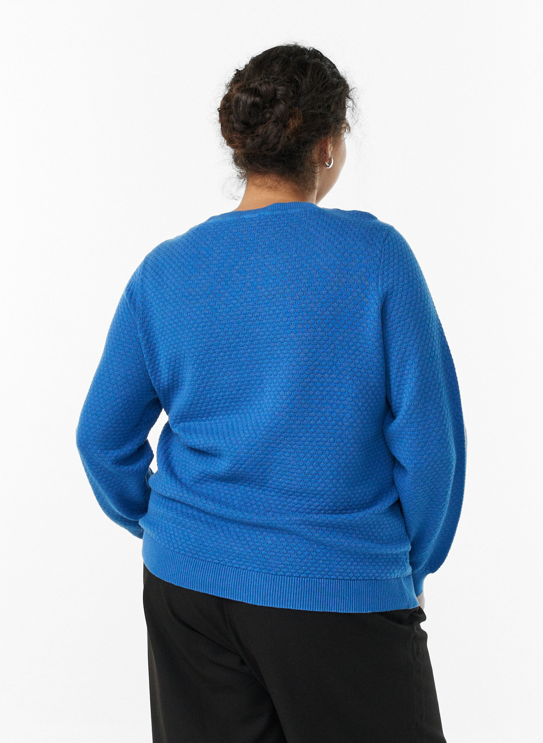 ZizziGebreide blouse van katoen met structuurpatroon, Blauw, Model image number 2