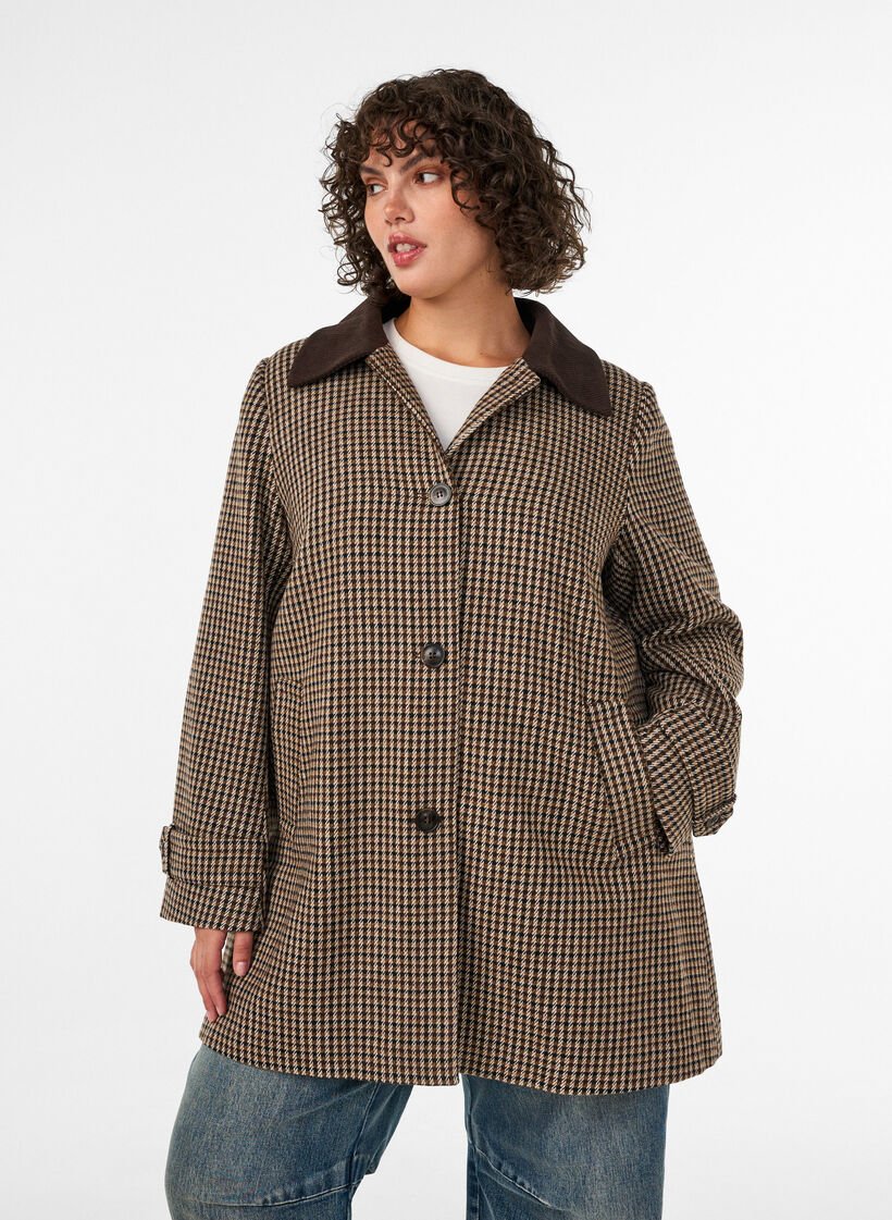 Geruite jas met corduroy kraag, Bruin, Model image number 0