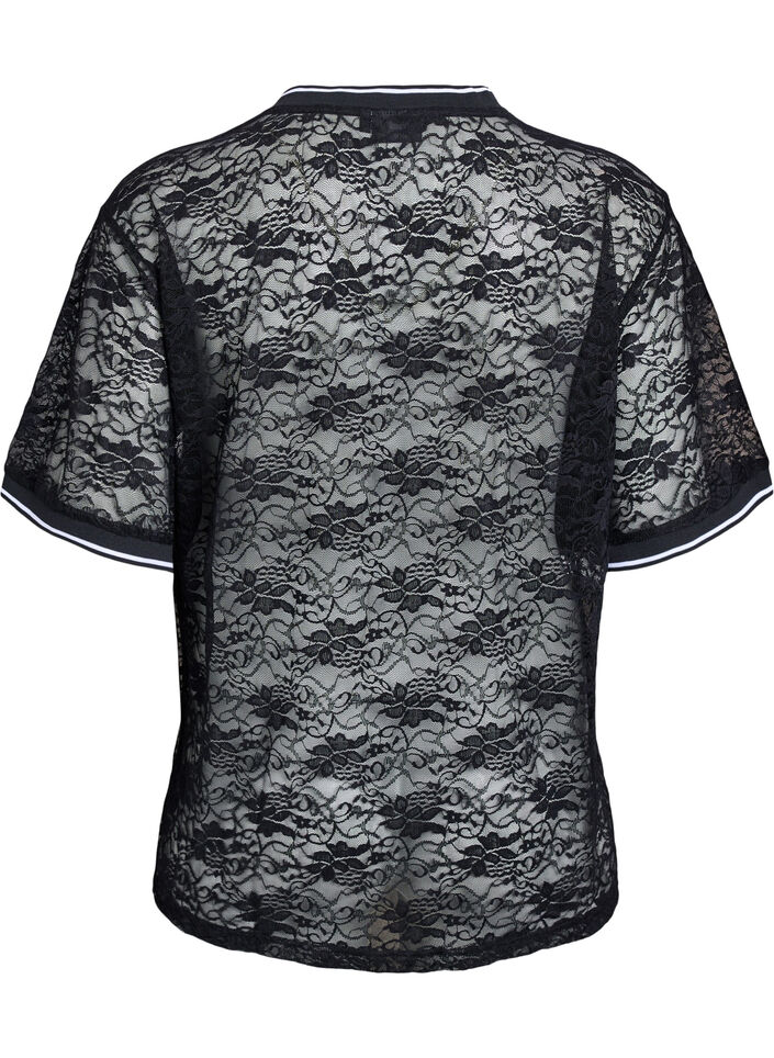 Sportief T-shirt van kant met losse pasvorm, Black Bright White, Packshot