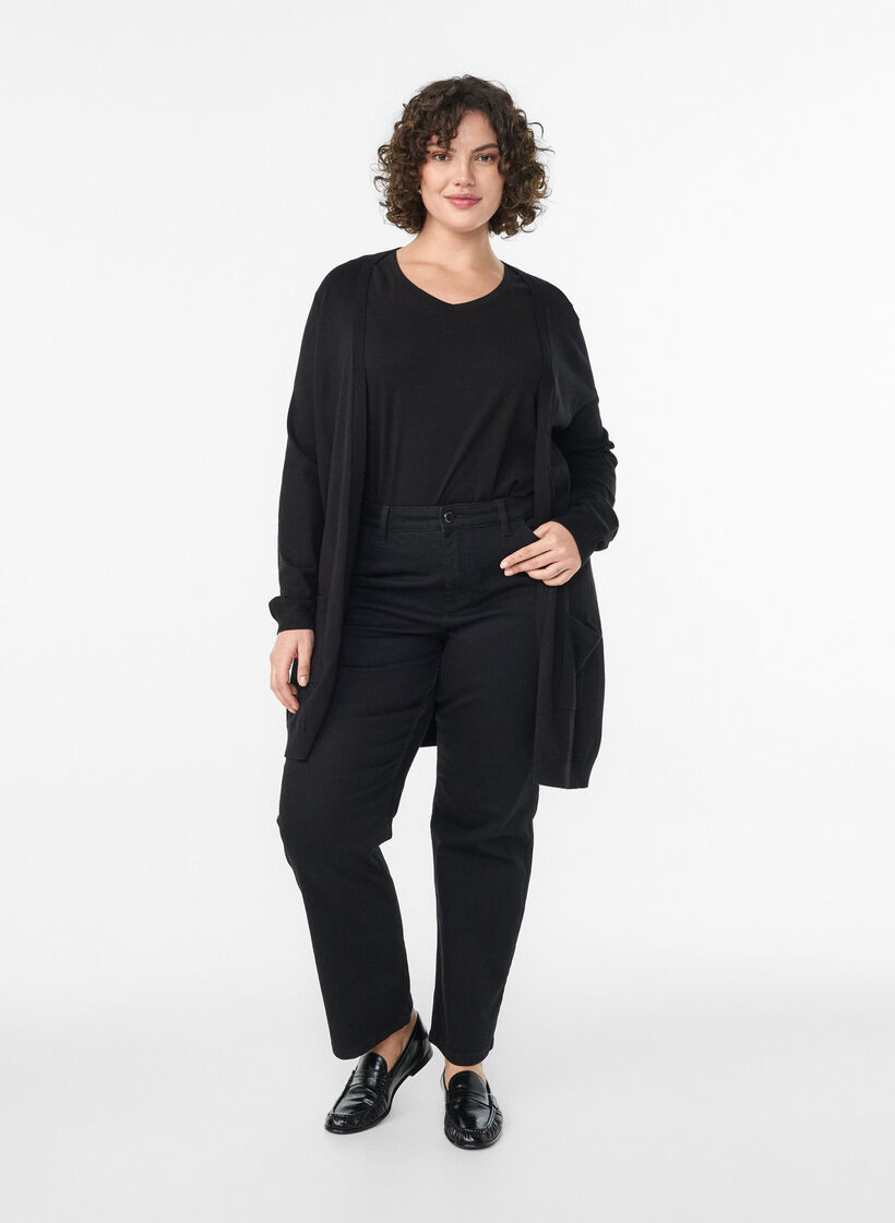 Long cardigan tricot&eacute; dans un m&eacute;lange de viscose, Noir, Model image number 1