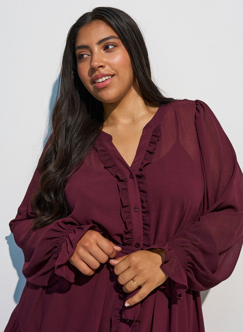 Jurk in een lichtgewicht geweven stof met ruches en een strikceintuur, Rood, Model image number 3