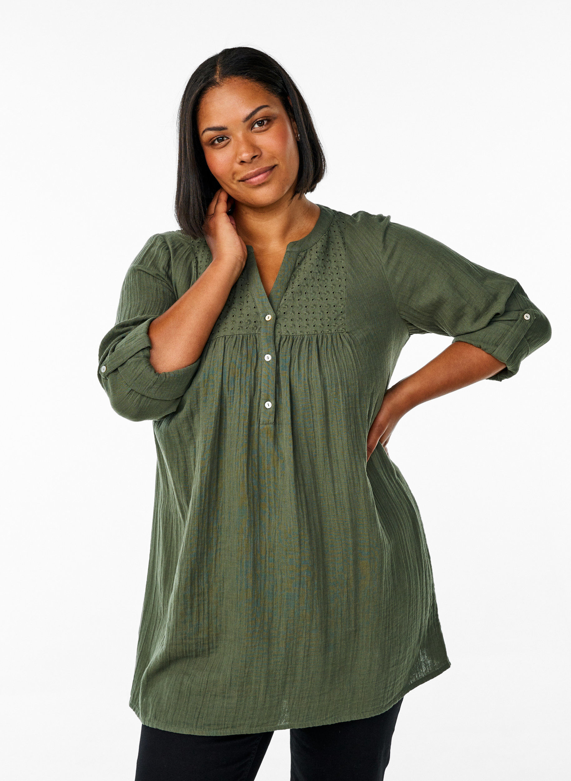 Katoenen mousseline tuniek met broderie anglaise, Groen, Model