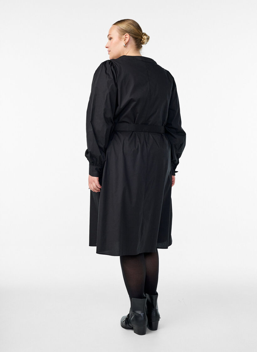 Jurk in biologisch katoen met strikceintuur, Zwart, Model image number 1