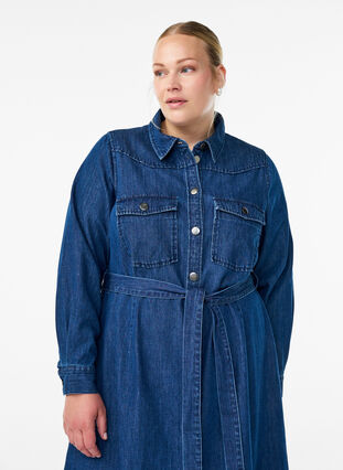 ZizziHalflange denim jurk met strikceintuur, Dark Blue Denim, Model image number 2