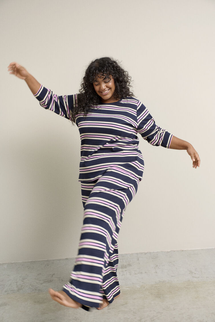 Nachtset van ribjersey met strepen, , Model