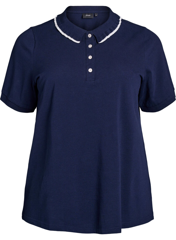 Polo shirt met strass knopen en ruches., Blauw, Packshot image number 0