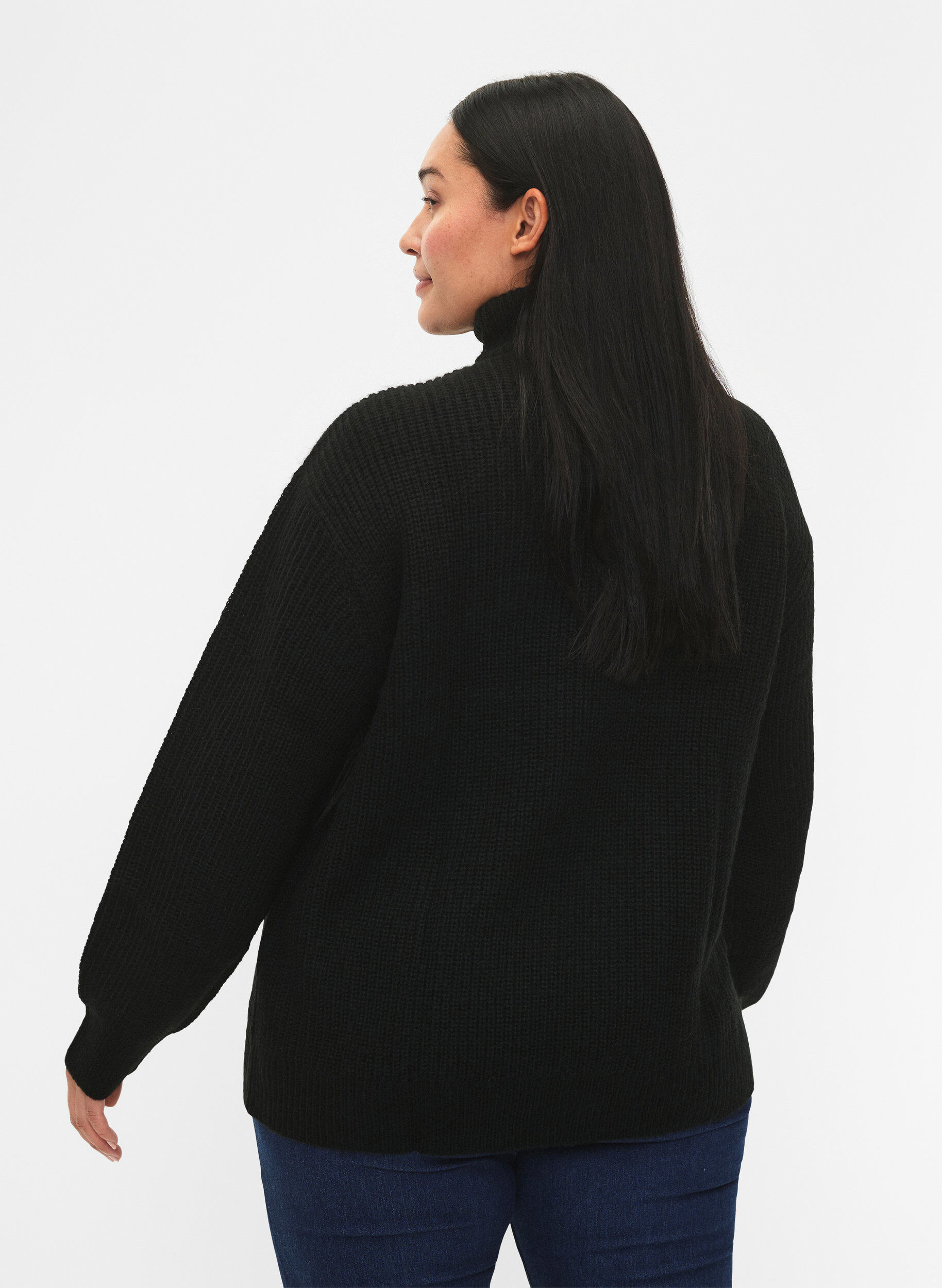 ZizziGebreide trui met hoge hals en rits, Zwart, Model image number 2