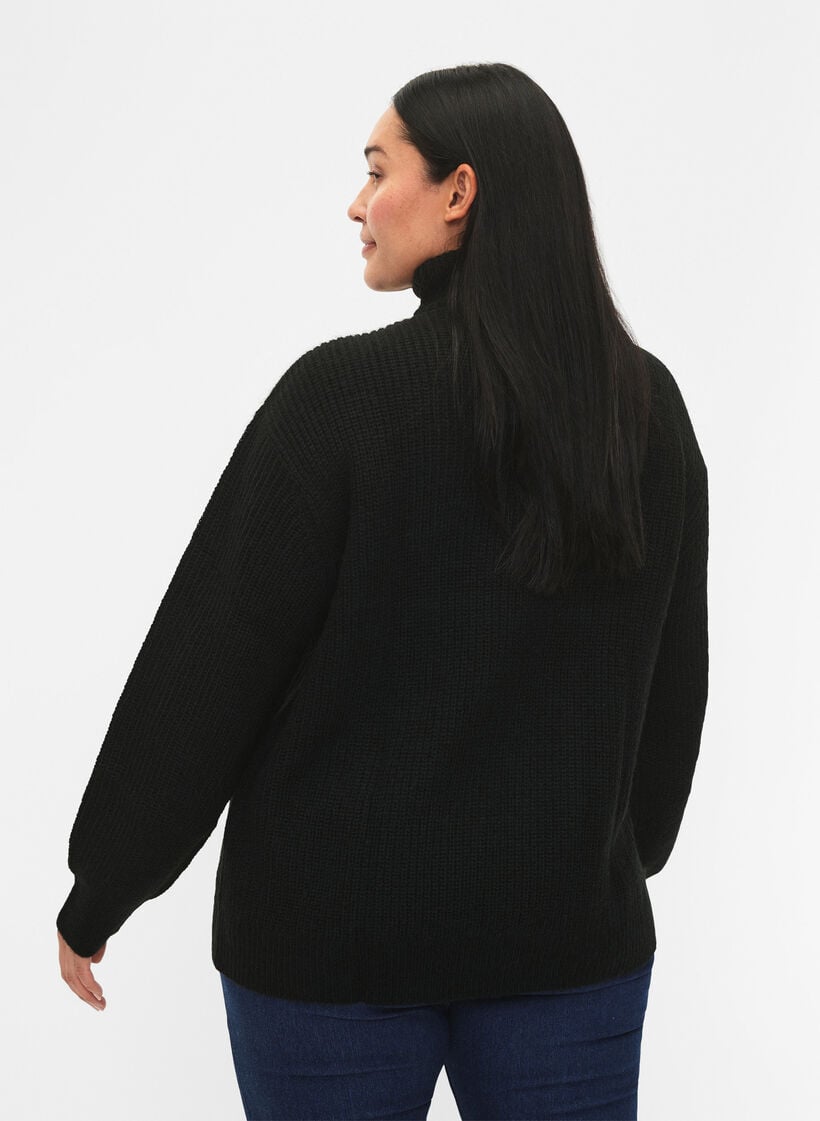 Gebreide trui met hoge hals en rits, Zwart, Model image number 2