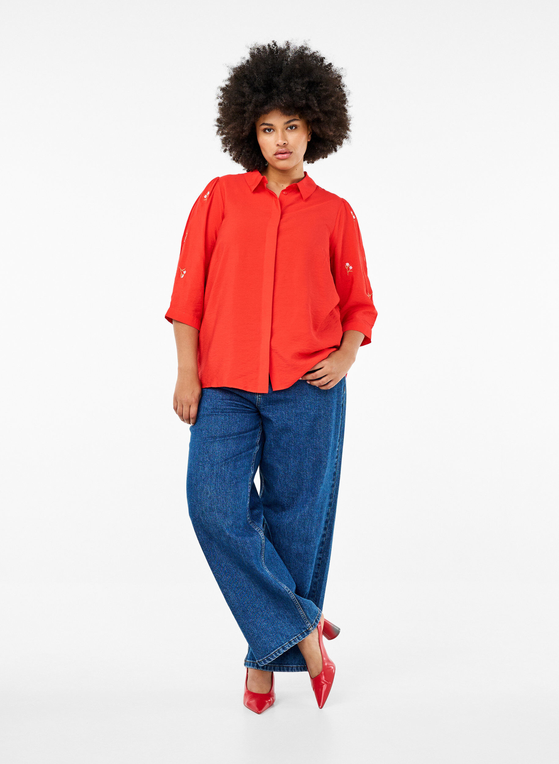 ZizziBlouse met 3/4 mouwen en bloemenborduursel, Flame Scarlet, Model image number 2