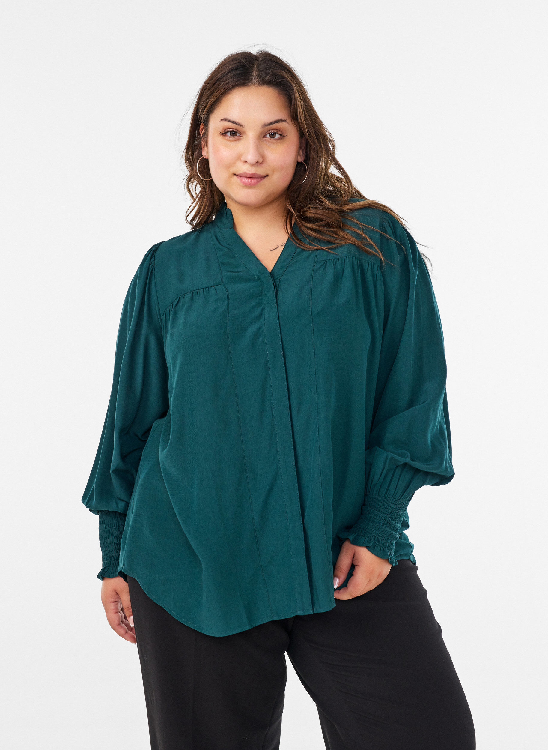 Blouse met ruches kraag en plooien, Groen, Model