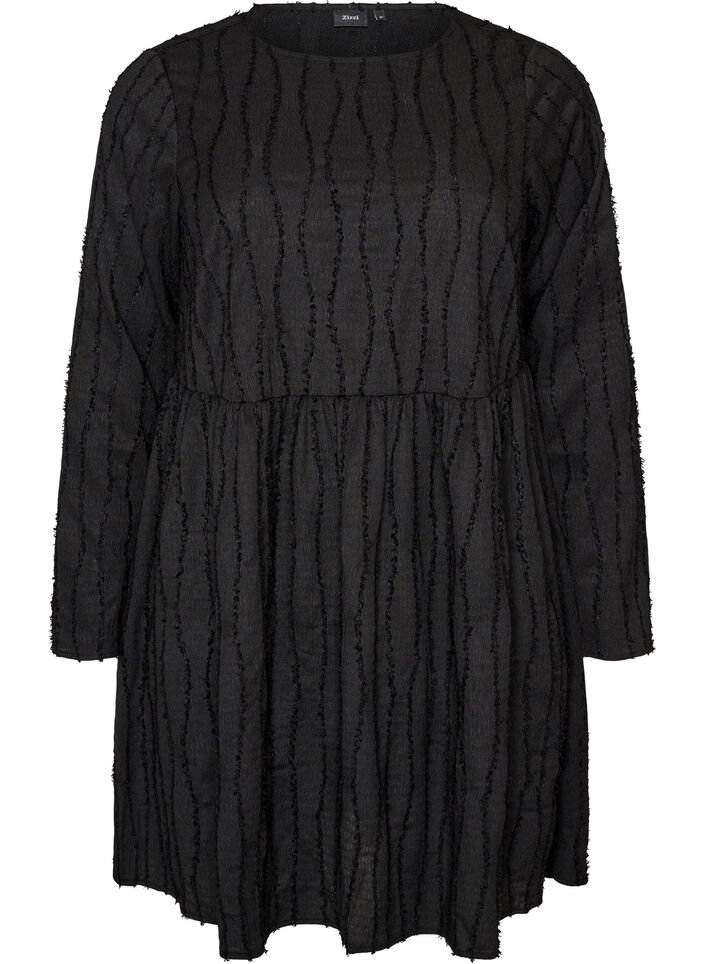 Korte jerseyjurk met een golvend textuurpatroon, Zwart, Packshot image number 0