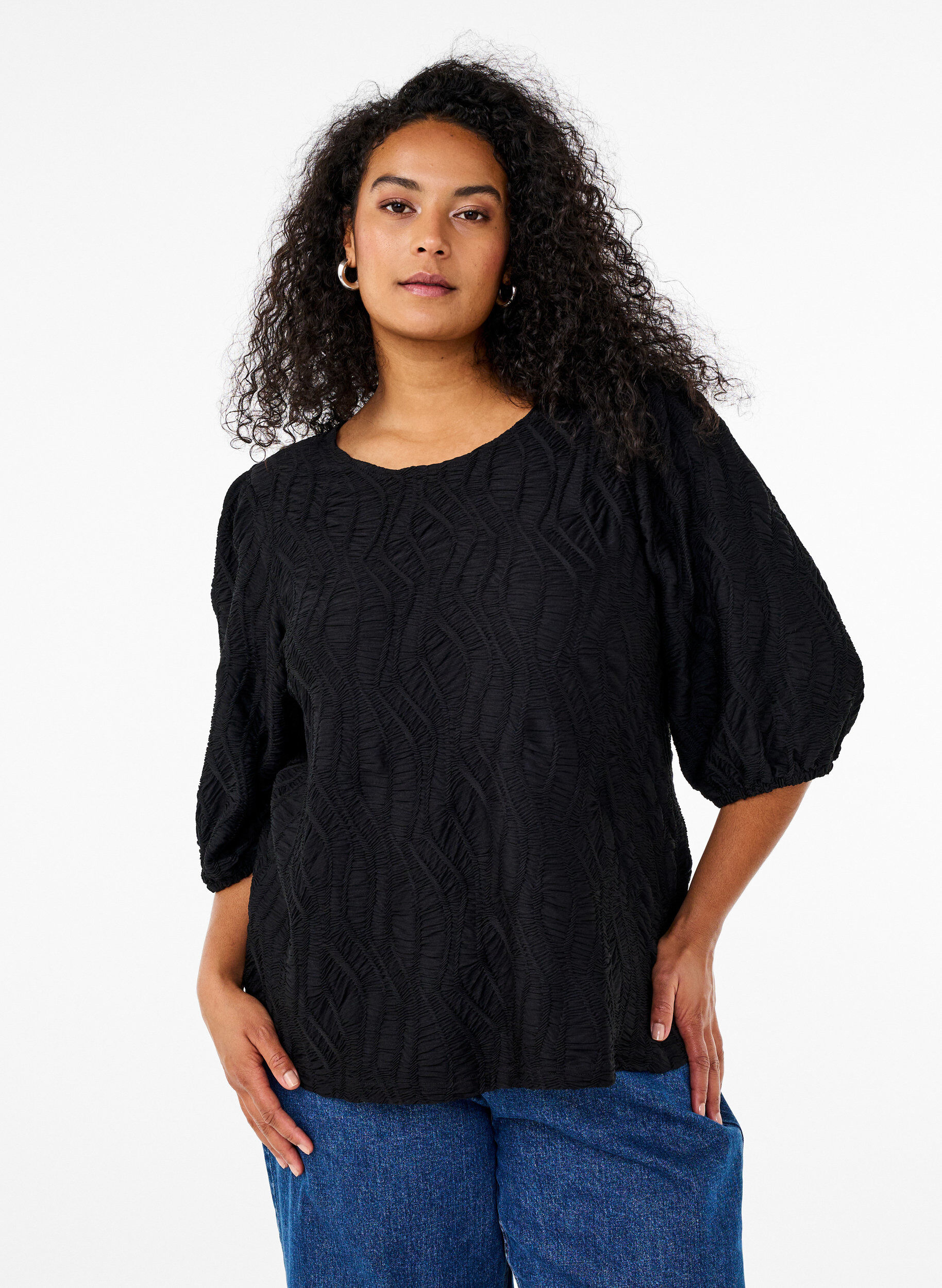 Blouse met textuur en 3/4 mouwen, Zwart, Model