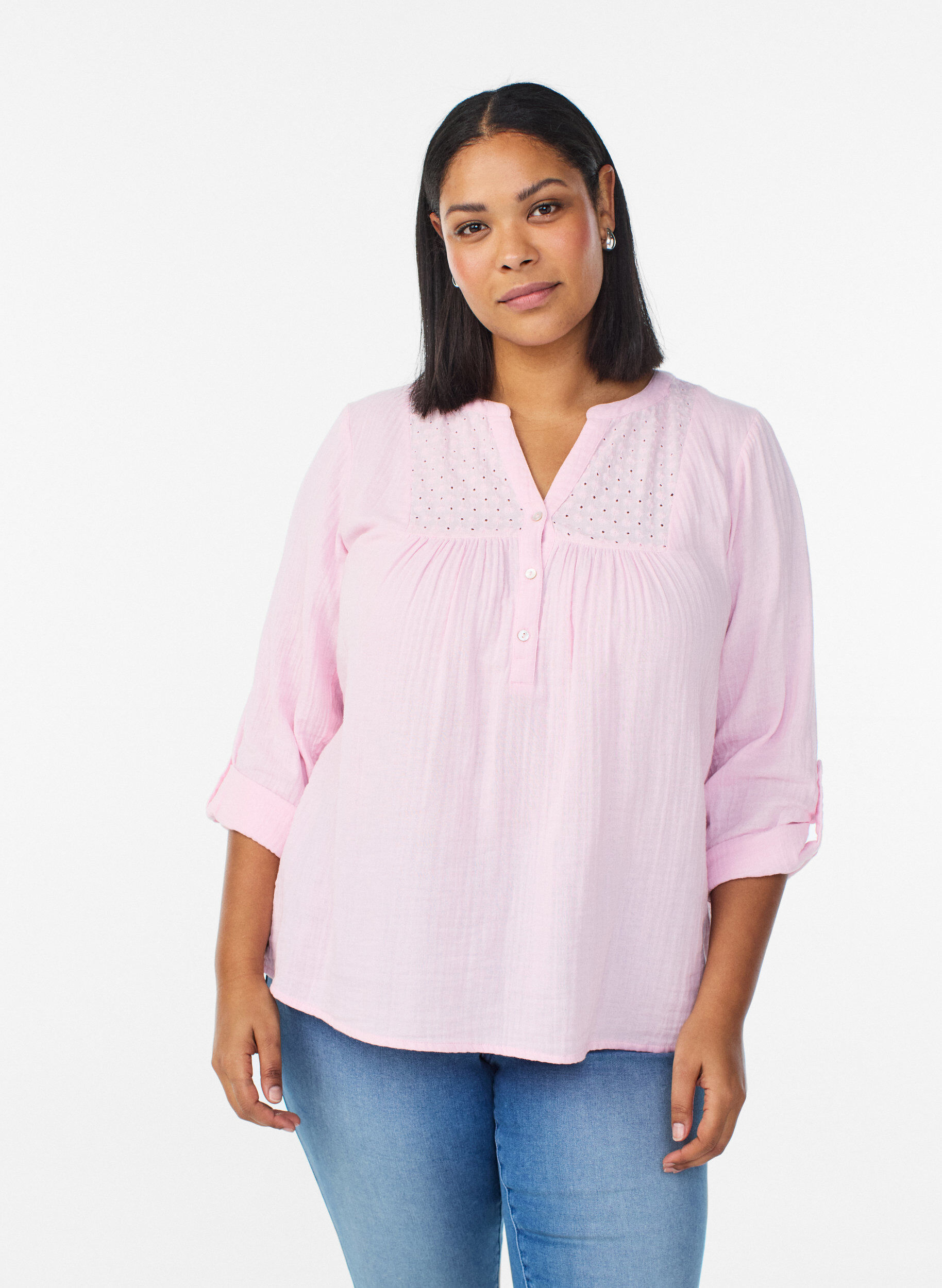 Blouse in katoenen mousseline met broderie anglaise, Roze, Model