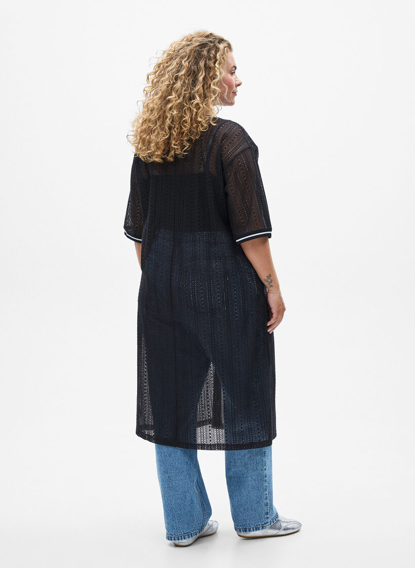 Midi-jurk met een opengewerkt patroon en korte mouwen, Zwart, Model image number 1