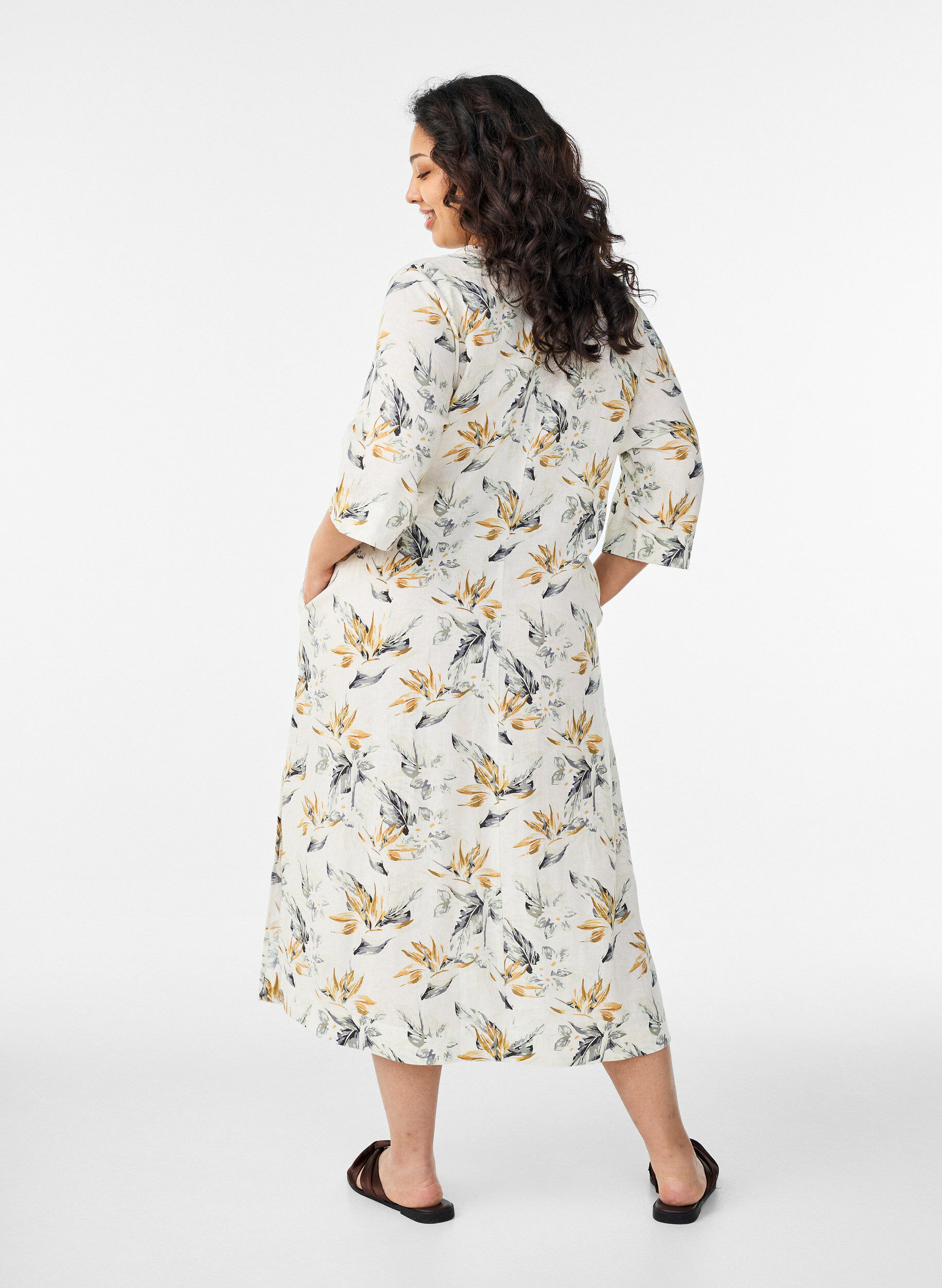 ZizziMidi-jurk in linnen en viscose met 1/2 mouwen, Wit, Model image number 1