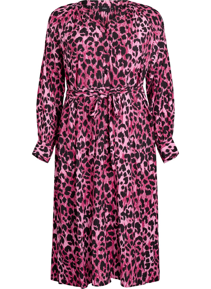 Midi jurk met knoopsluiting en strikceintuur, Roze, Packshot image number 0