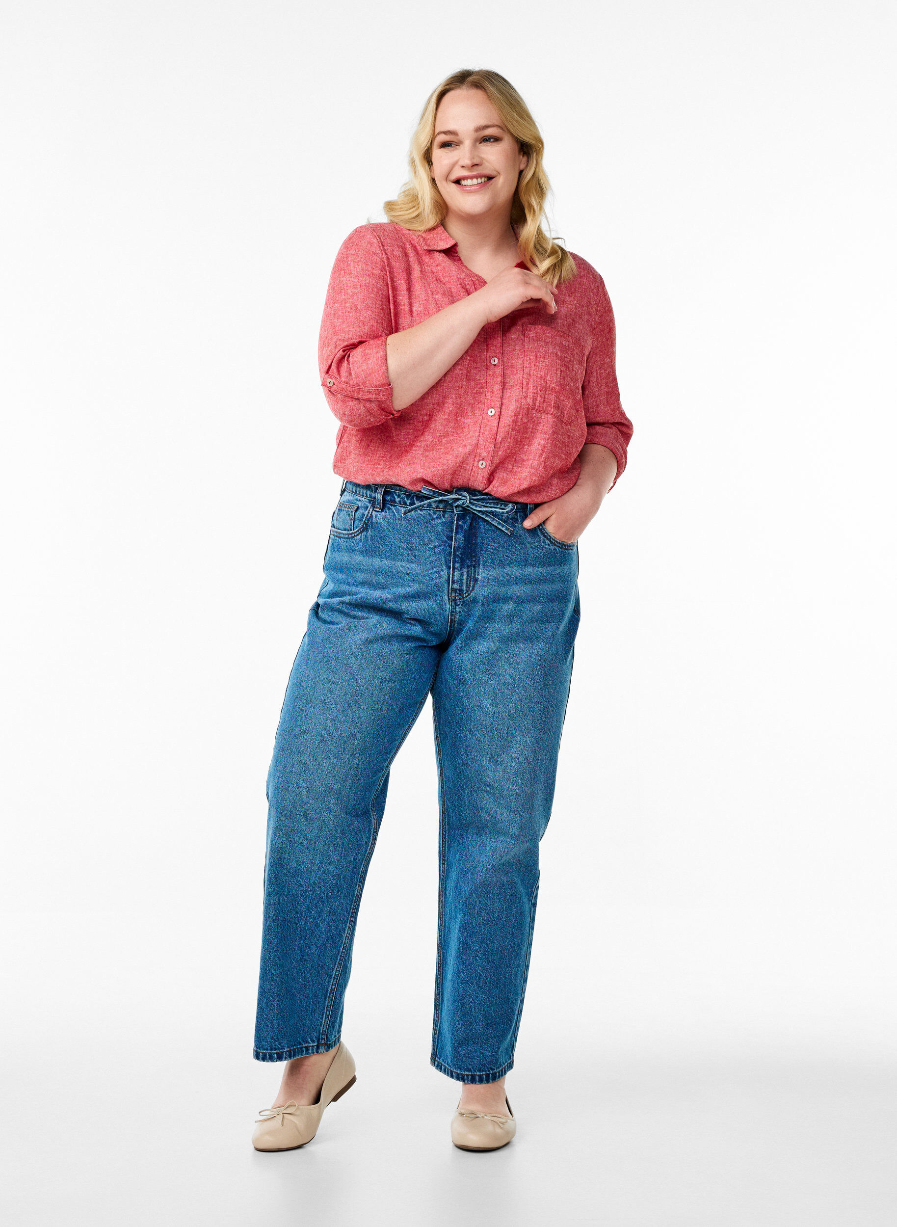 ZizziLinnen en viscose shirt met 3/4 mouwen, Rood, Model image number 1