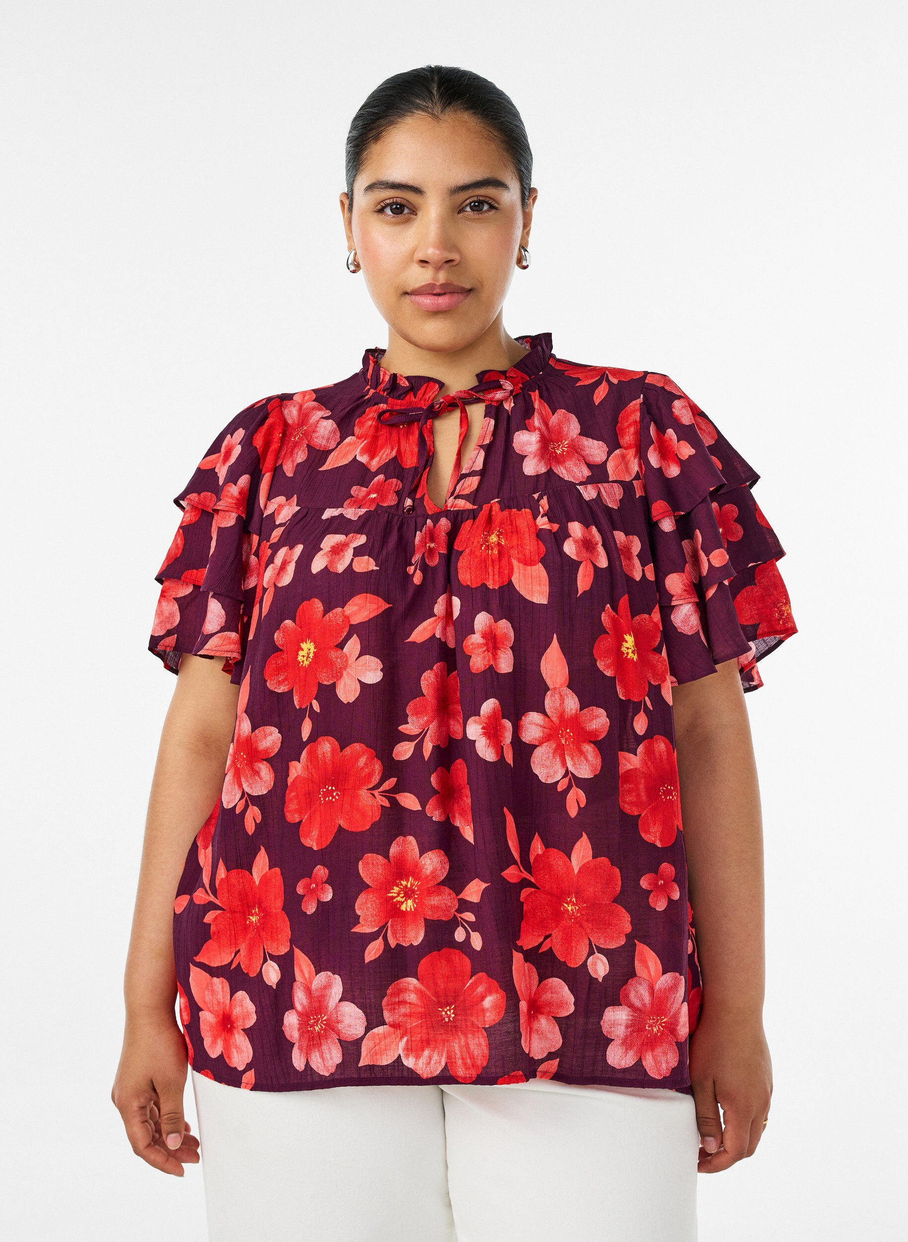 Floral viscose blouse met ruches mouwen, Paars, Model