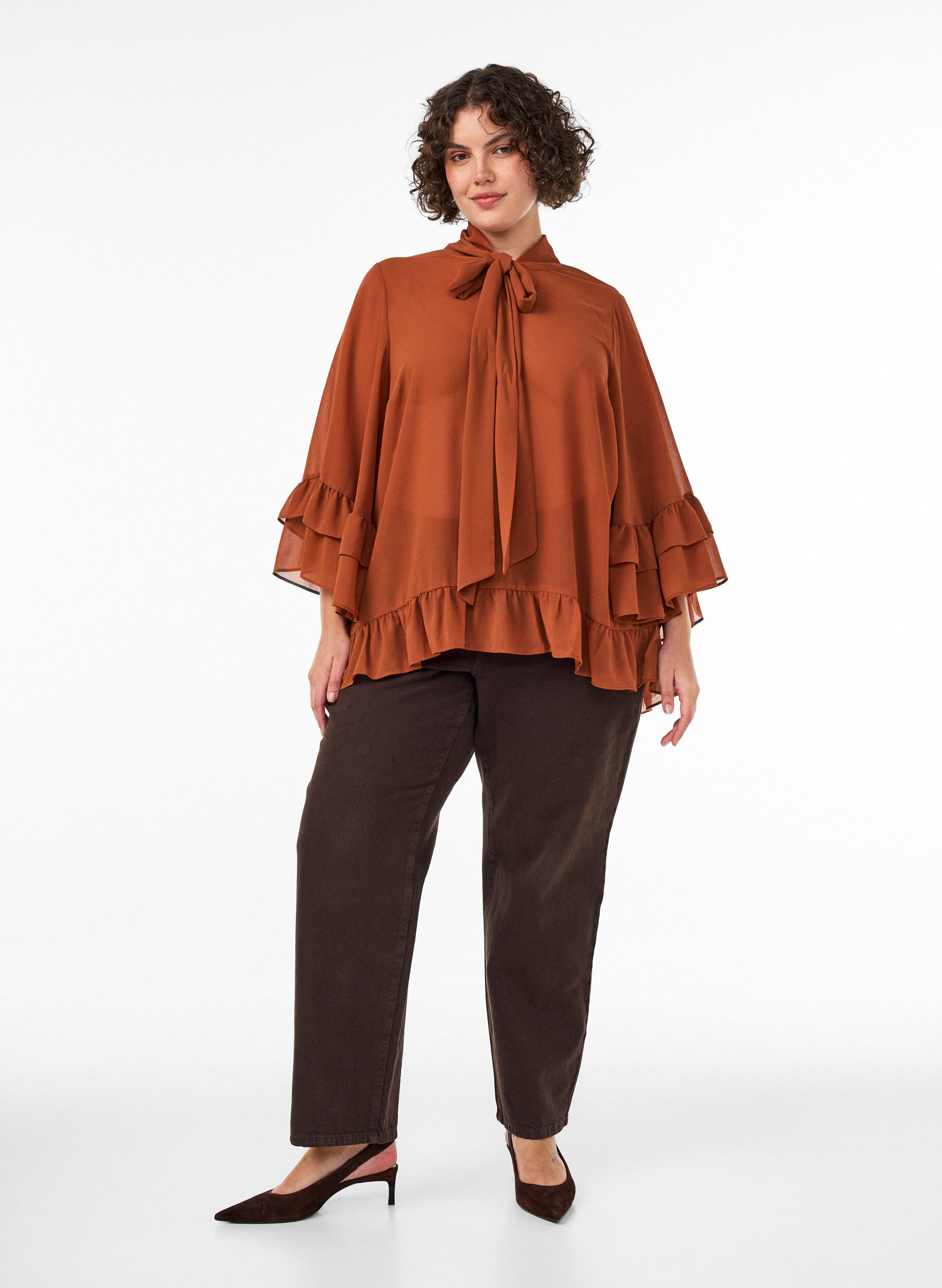 ZizziBlouse met striklint en ruches, Bruin, Model image number 1