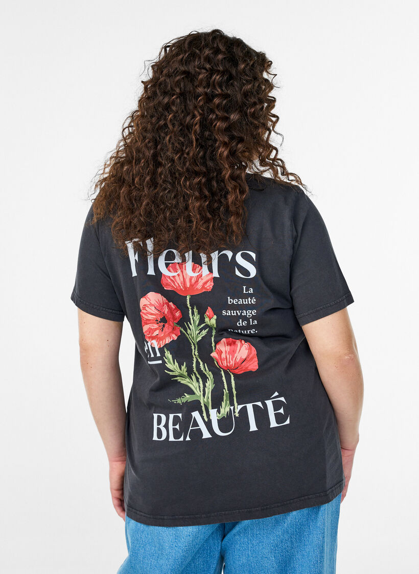 Katoenen T-shirt met print op de voorkant en achterkant, Grijs, Model image number 2