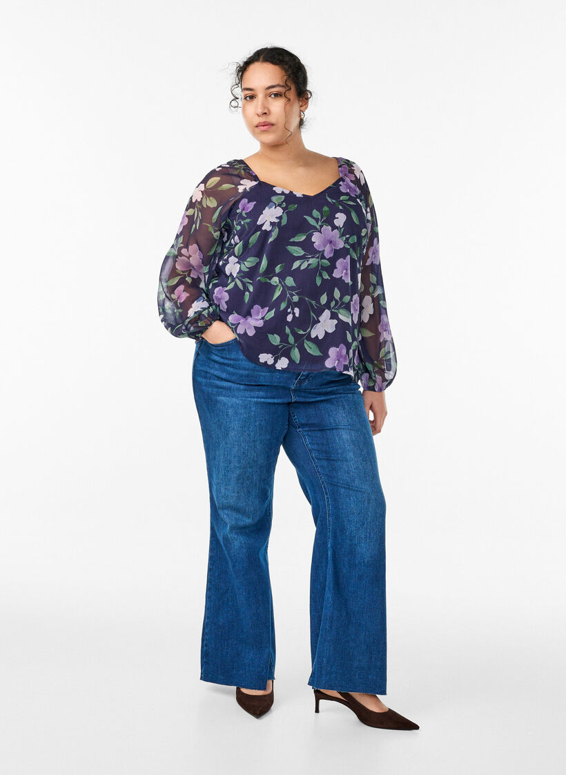 Chiffon blouse met bloemenprint en lange mouwen, Blauw, Model image number 1