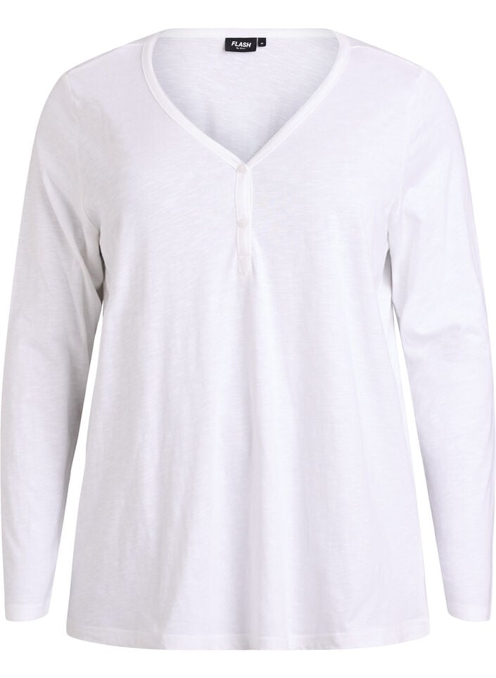 T-shirt met lange mouwen, V-hals en knopen, Wit, Packshot image number 0