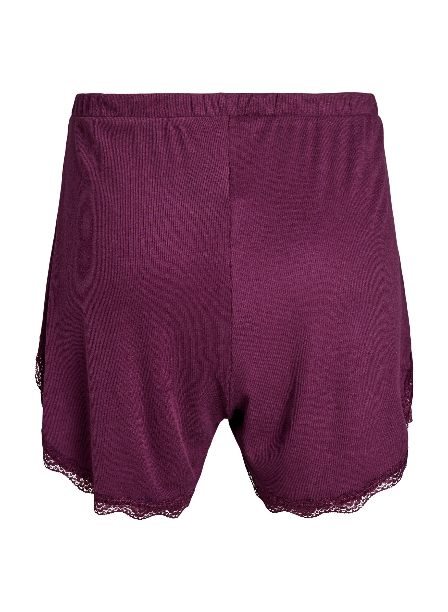 ZizziLichte nachtshorts met ribde structuur en kanten afwerking, Donker Bordeaux, Packshot image number 1