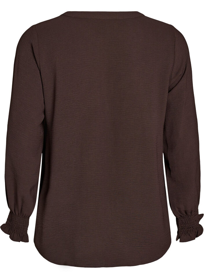 Blouse met smockmanchetten en V-hals, Bruin, Packshot image number 1
