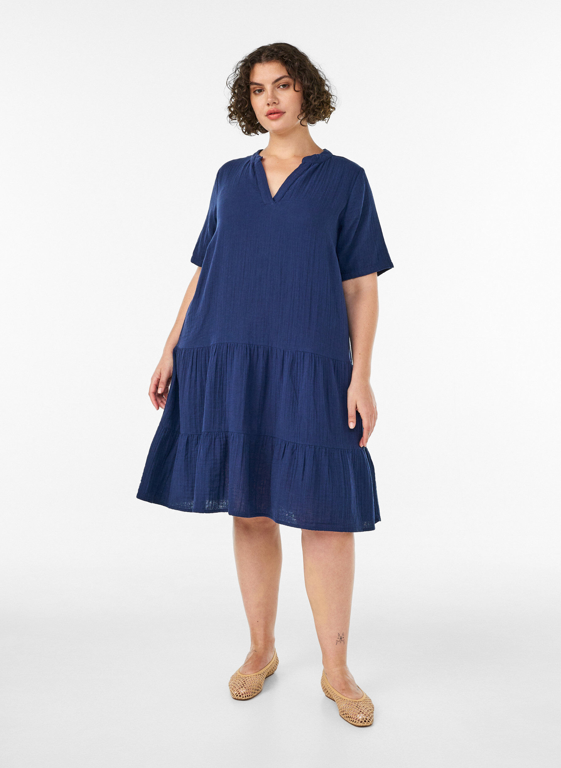 ZizziKorte A-lijn jurk in katoenen mousseline, Blauw, Model image number 1