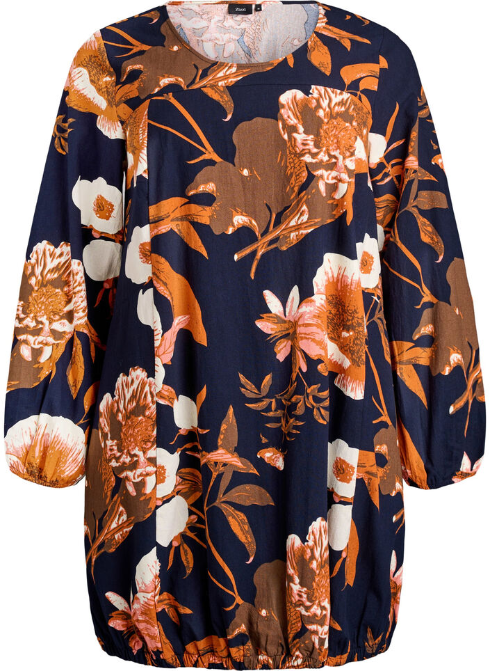 Korte katoenen jurk met een elastische zoom en lange mouwen, Zwart, Packshot image number 0