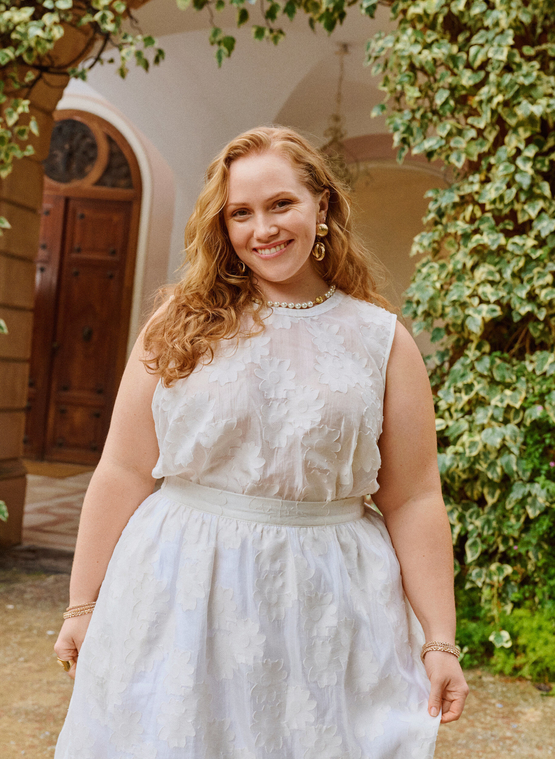 ZizziMouwloze top in jacquard met een bloemenstructuur, Vanille, Image image number 0