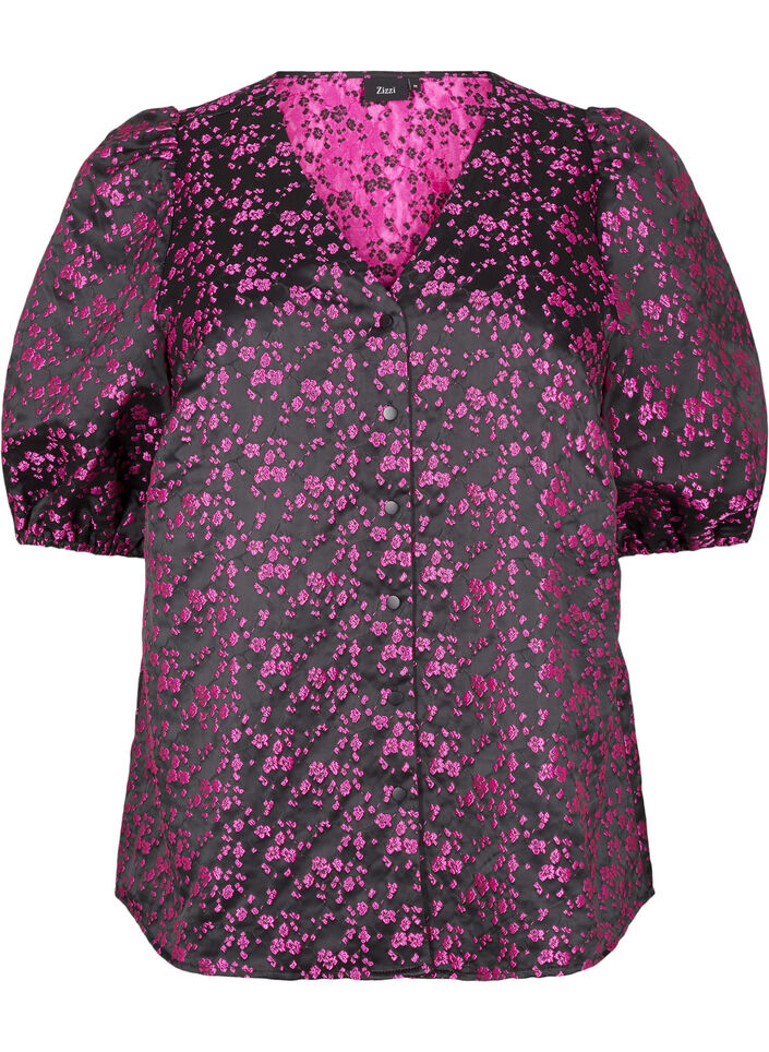 Geborduurde blouse met korte mouwen, Zwart, Packshot image number 0
