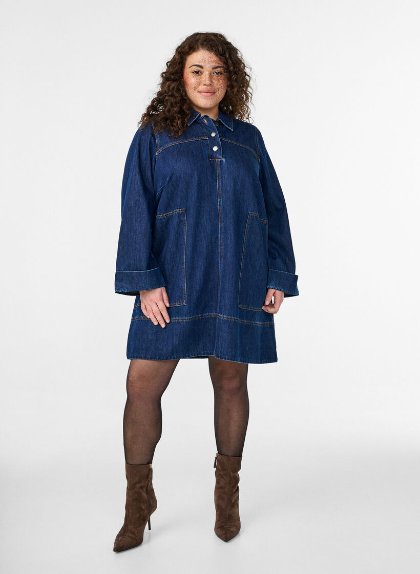 Korte denimjurk met kraag en knoopsluiting, Blauw, Model image number 0
