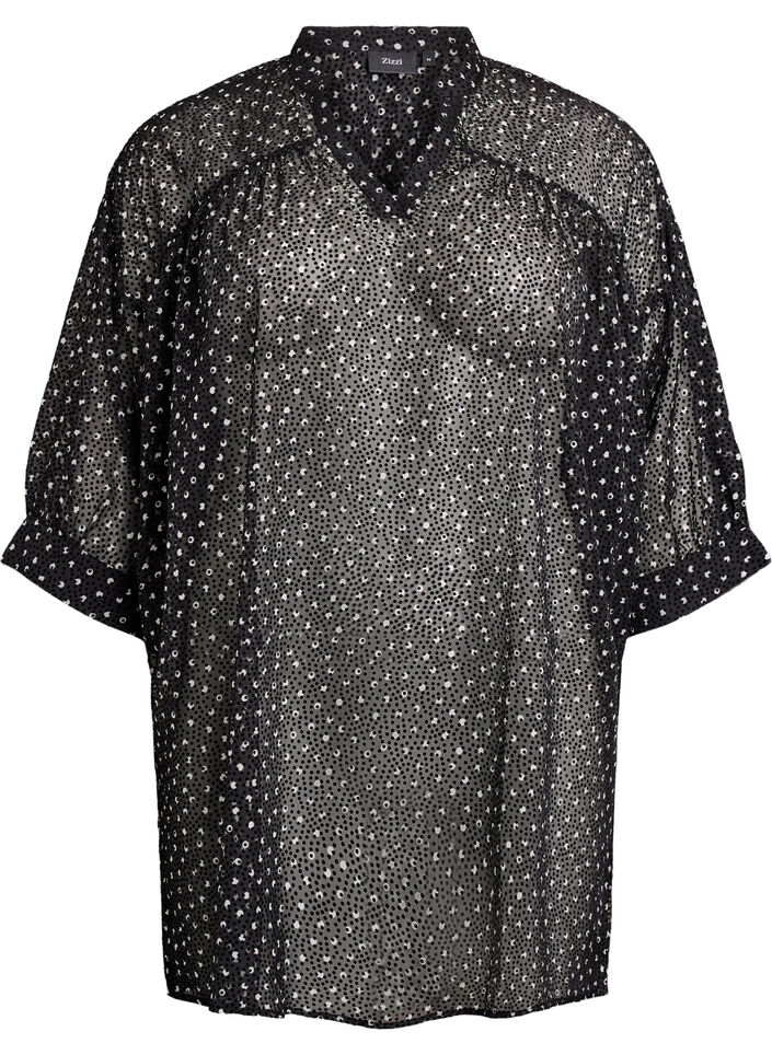 Chiffon tuniek met fluwelen stippenpatroon, Zwart, Packshot image number 0