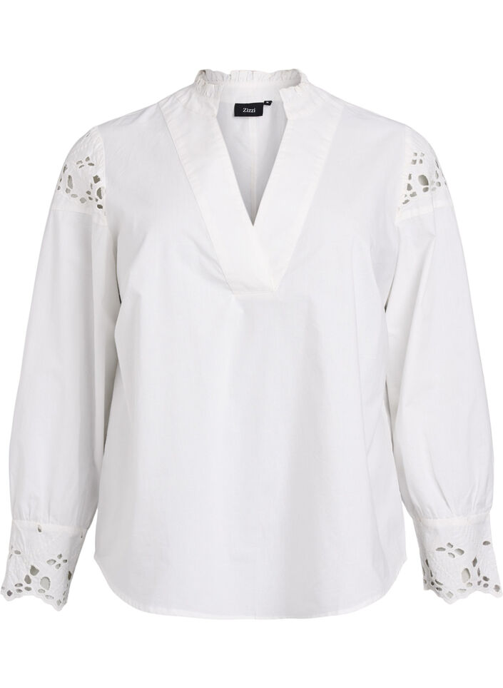 Blouse met V-hals en broderie anglaise details, Wit, Packshot