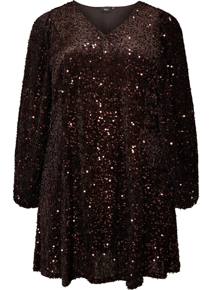 Korte jurk met pailletten in A-lijnvorm, Bruin, Packshot image number 0