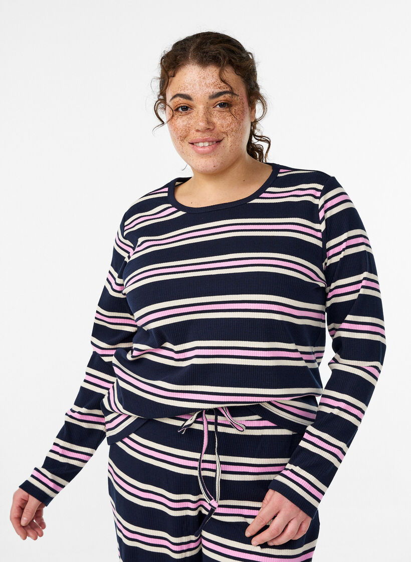 Nachtbovenstuk met lange mouwen in geribde jersey met strepen, Blauw, Model image number 0
