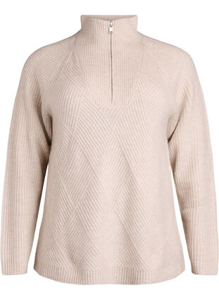 ZizziGebreide top met ritssluiting en hoge col, Pumice Stone Mel., Packshot image number 0