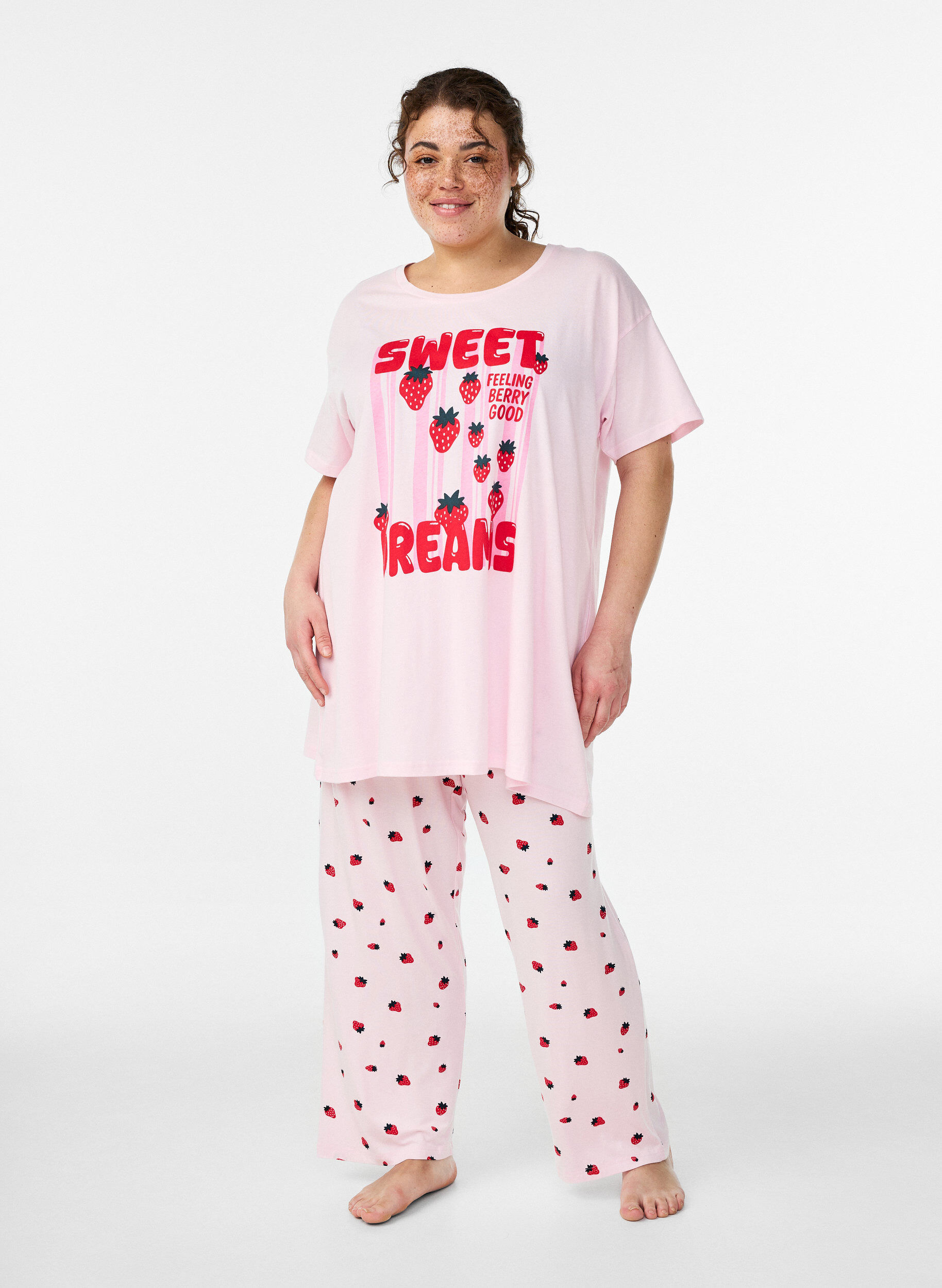 Pyjamabroek in zachte jersey met hoge taille en fruitprint, Roze, Model