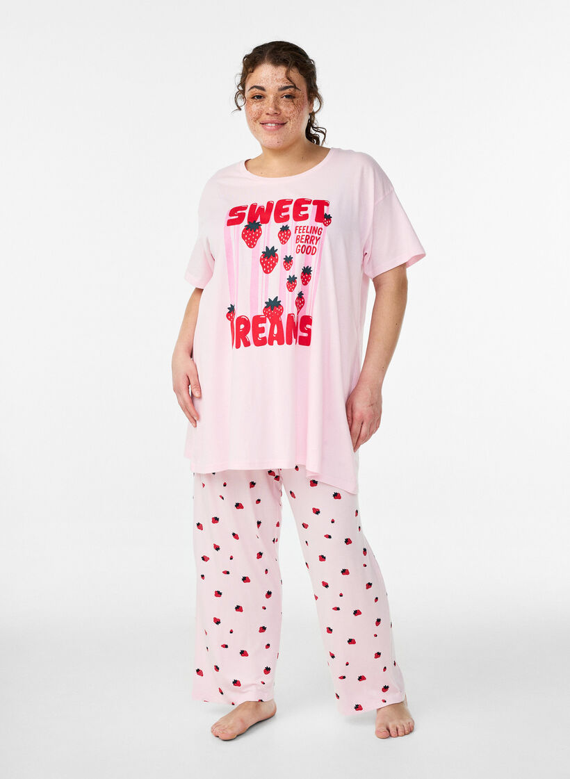 Pyjamabroek in zachte jersey met hoge taille en fruitprint, Roze, Model image number 0