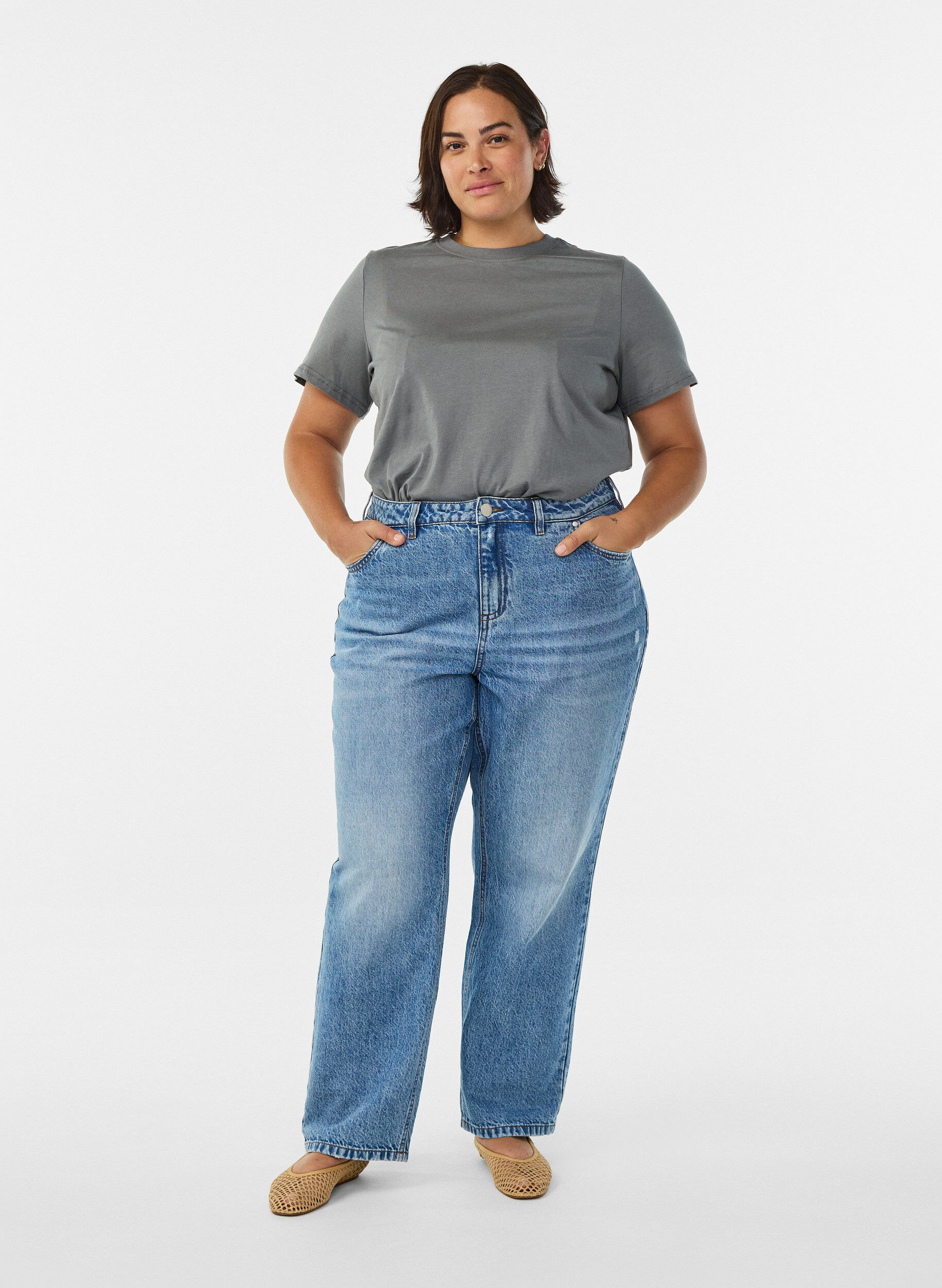 ZizziBasic katoenen T-shirt met ronde hals, Grijs, Model image number 1